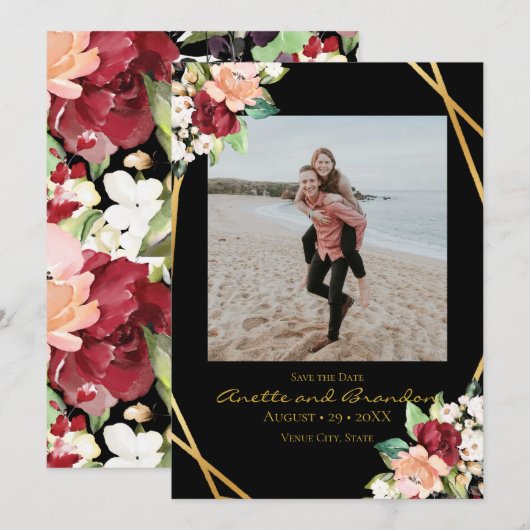 Elegant Black Gold Geometric Burgundy Floral Save The Date (Voorkant / Achterkant)