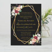 Elegant Black Gold Geometric Floral Quinceañera Kaart (Staand voorkant)