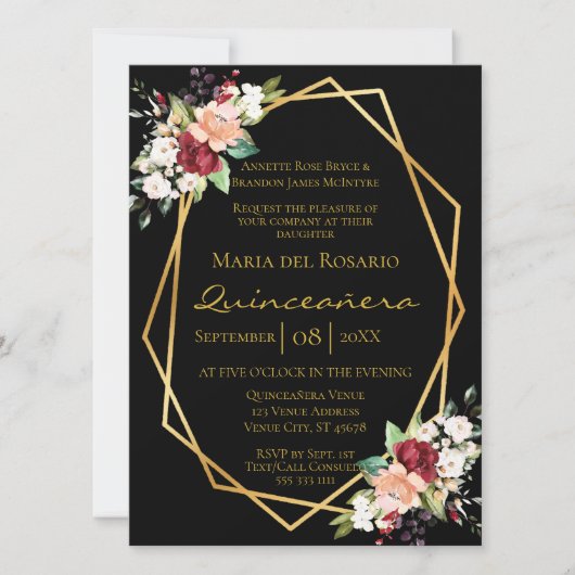 Elegant Black Gold Geometric Floral Quinceañera Kaart (Voorkant)