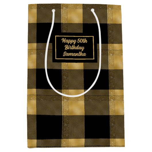 Elegant Black Gold Gift Bag Name Printed  Medium Cadeauzakje (Voorkant)