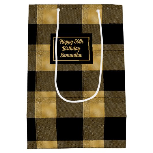 Elegant Black Gold Gift Bag Name Printed Medium Cadeauzakje (Achterkant)
