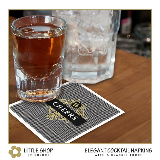 Elegant Black Gold Glen Pset Monogram Servet