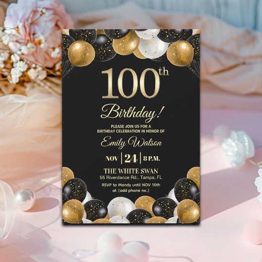Elegant Black Gold Glitter 100th Birthday  Kaart