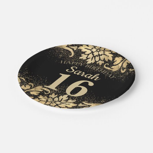 Elegant Black Gold Glitter 16e verjaardag Papieren Bordje (Gekanteld)