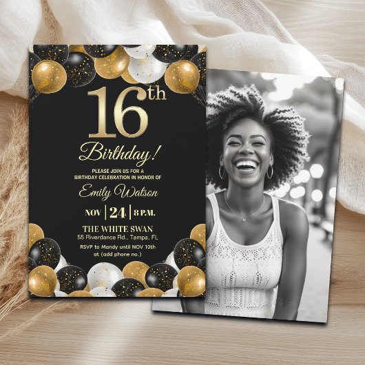 Elegant Black Gold Glitter 16th Birthday Photo Kaart