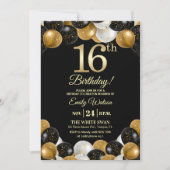 Elegant Black Gold Glitter 16th Birthday Photo Kaart (Voorkant)