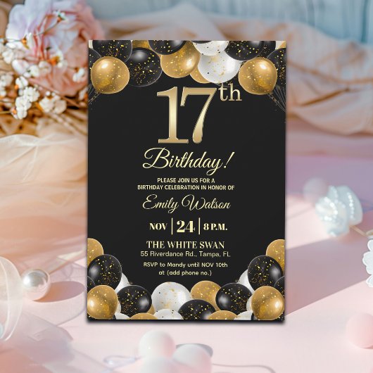 Elegant Black Gold Glitter 17th Birthday Party Kaart