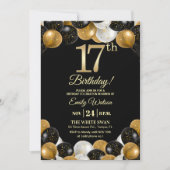 Elegant Black Gold Glitter 17th Birthday Photo Kaart (Voorkant)