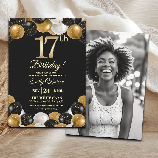 Elegant Black Gold Glitter 17th Birthday Photo Kaart