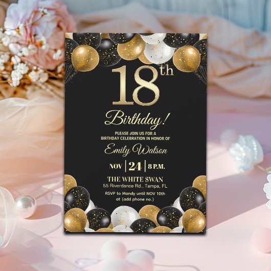 Elegant Black Gold Glitter 18th Birthday Party Kaart