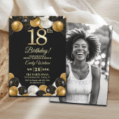 Elegant Black Gold Glitter 18th Birthday Photo Kaart