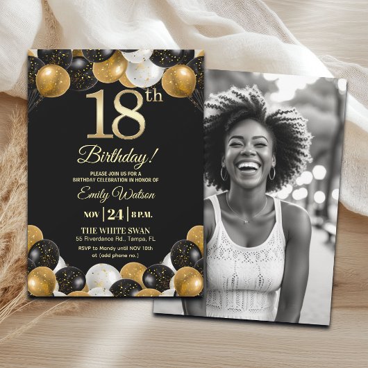 Elegant Black Gold Glitter 18th Birthday Photo Kaart