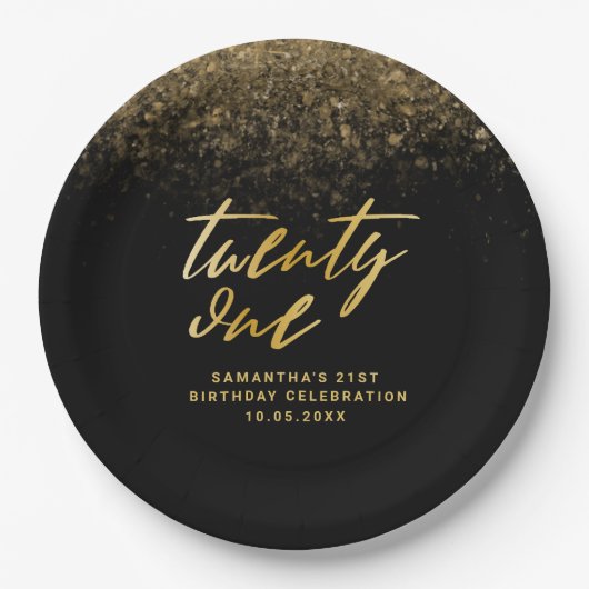 Elegant Black & Gold Glitter 21e verjaardag Papieren Bordje (Voorkant)