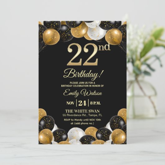 Elegant Black Gold Glitter 22nd Birthday Photo Kaart (Staand voorkant)