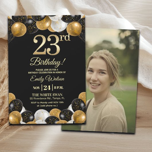 Elegant Black Gold Glitter 23rd Birthday Photo Kaart