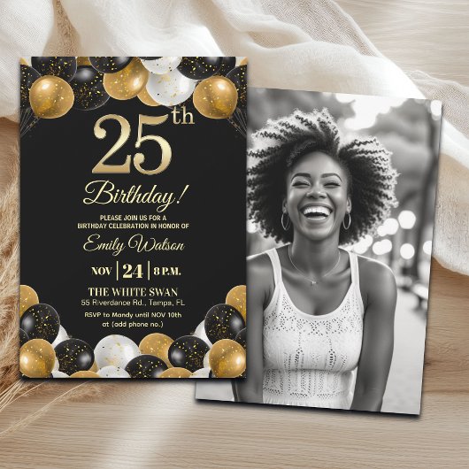 Elegant Black Gold Glitter 25th Birthday Photo Kaart