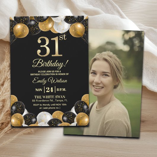 Elegant Black Gold Glitter 31st Birthday Photo Kaart