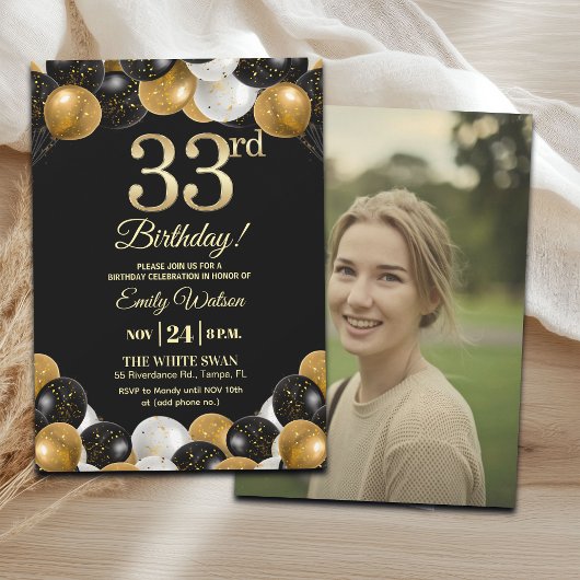 Elegant Black Gold Glitter 33rd Birthday Photo Kaart