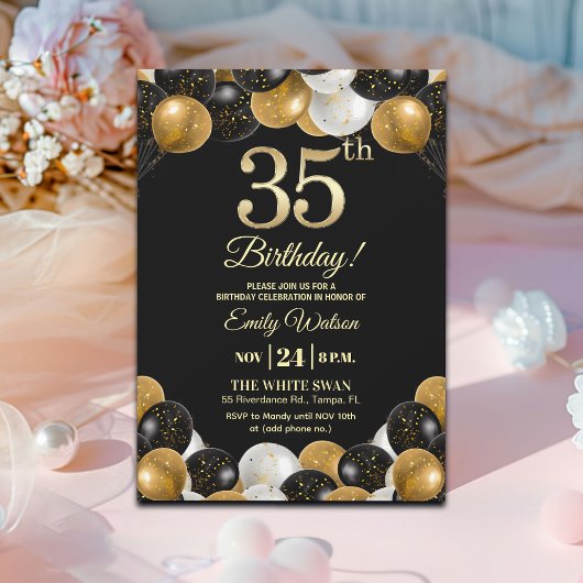 Elegant Black Gold Glitter 35th Birthday Party Kaart