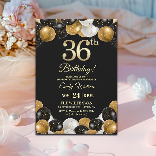 Elegant Black Gold Glitter 36th Birthday Party Kaart