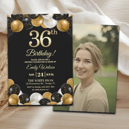 Elegant Black Gold Glitter 36th Birthday Photo Kaart