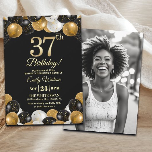 Elegant Black Gold Glitter 37th Birthday Photo Kaart