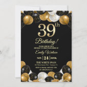 Elegant Black Gold Glitter 39th Birthday Photo Kaart (Voorkant)