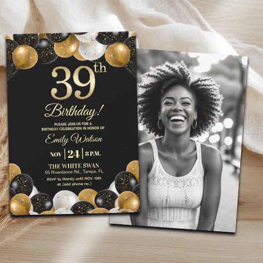 Elegant Black Gold Glitter 39th Birthday Photo Kaart