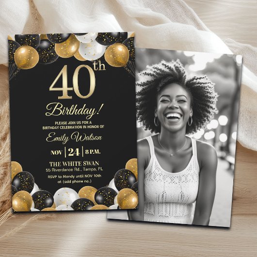 Elegant Black Gold Glitter 40th Birthday Photo Kaart