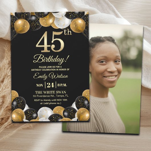 Elegant Black Gold Glitter 45th Birthday Photo Kaart