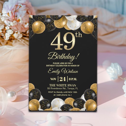 Elegant Black Gold Glitter 49th Birthday Party Kaart