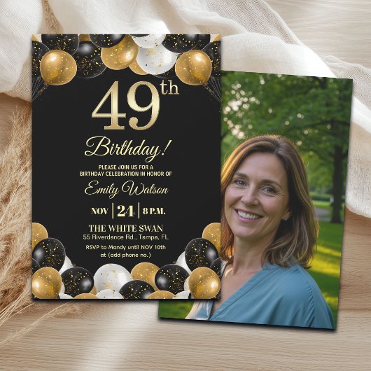Elegant Black Gold Glitter 49th Birthday Photo Kaart