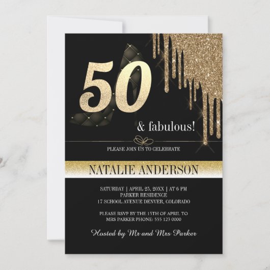 Elegant Black Gold Glitter 50th Birthday Party Kaart (Voorkant)