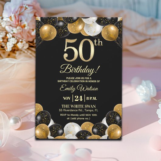 Elegant Black Gold Glitter 50th Birthday Party Kaart