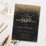 Elegant Black Gold Glitter 50th Birthday Party Kaart<br><div class="desc">Dit elegante ontwerp kenmerkt een zwarte achtergrond,  een gouden glitter,  en het schrijven van het douanemanuscript. Wat een mooie manier om je gasten uit te nodigen voor deze speciale gelegenheid.</div>