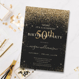 Elegant Black Gold Glitter 50th Birthday Party Kaart