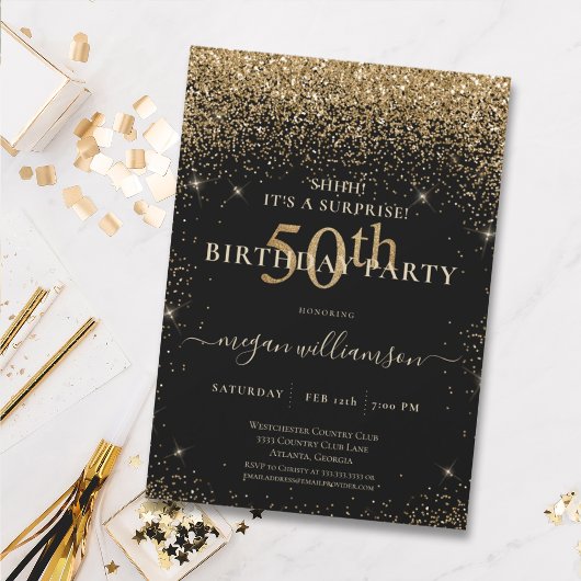 Elegant Black Gold Glitter 50th Birthday Party Kaart