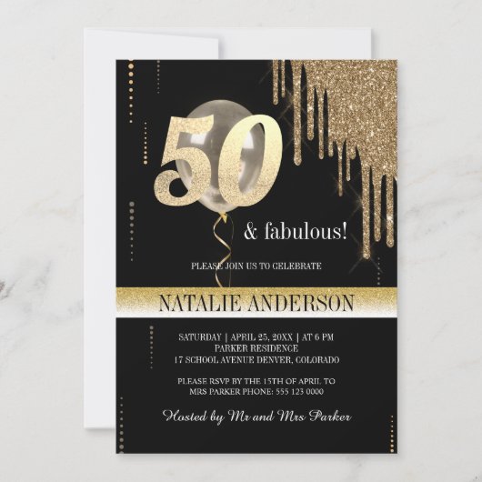 Elegant Black Gold Glitter 50th Birthday Party Kaart (Voorkant)