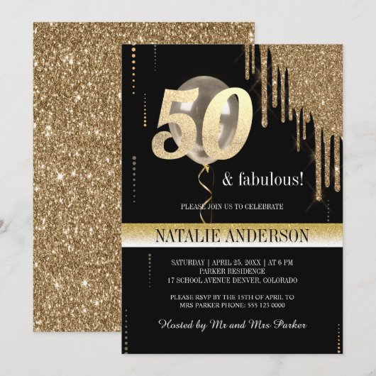 Elegant Black Gold Glitter 50th Birthday Party Kaart (Voorkant / Achterkant)