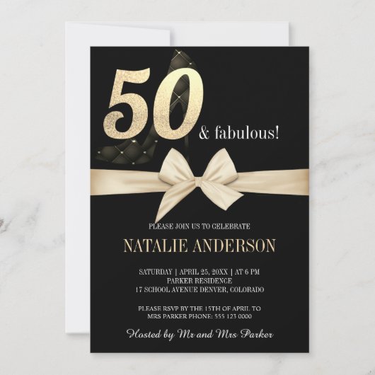 Elegant Black Gold Glitter 50th Birthday Party Kaart (Voorkant)