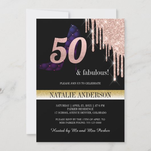 Elegant Black Gold Glitter 50th Birthday Party Kaart (Voorkant)