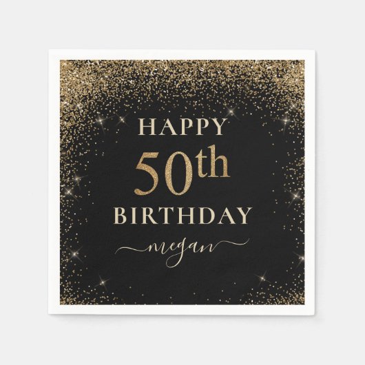 Elegant Black Gold Glitter 50th Birthday Party Servet (Voorkant)