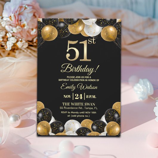 Elegant Black Gold Glitter 51st Birthday Party Kaart