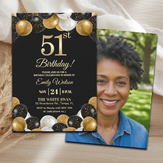 Elegant Black Gold Glitter 51st Birthday Photo Kaart