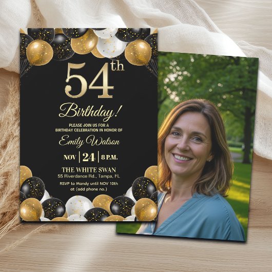 Elegant Black Gold Glitter 54th Birthday Photo Kaart