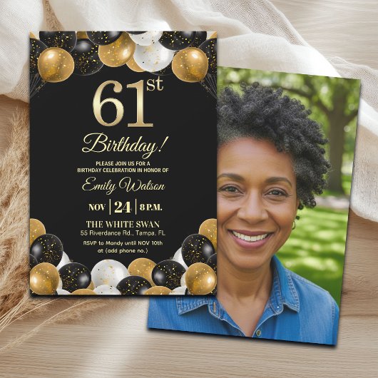 Elegant Black Gold Glitter 61st Birthday Photo Kaart