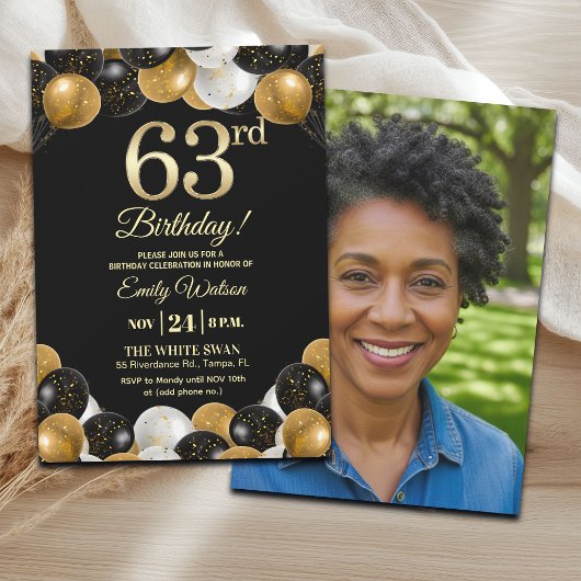 Elegant Black Gold Glitter 63rd Birthday Photo Kaart