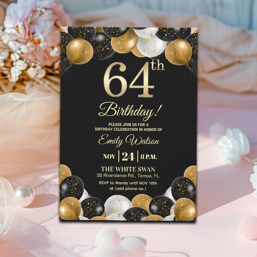 Elegant Black Gold Glitter 64th Birthday Party Kaart