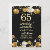 Elegant Black Gold Glitter 65th Birthday Photo Kaart (Voorkant)