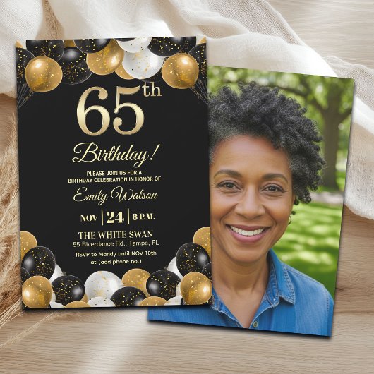 Elegant Black Gold Glitter 65th Birthday Photo Kaart